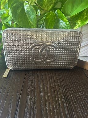 Chanel Metallic Silver Zip Around Wallet